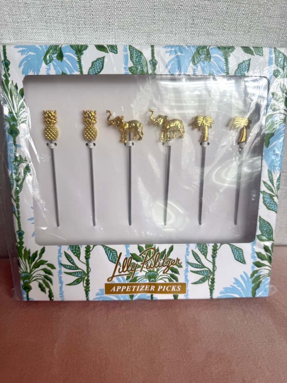 Lilly Pulitzer Appetizer Picks Set Gold Pineapple Elephant Palm NIP